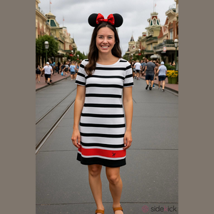 Disney Parks Minnie Mouse Embroidered Black White Striped Midi Dress Size XS NWT